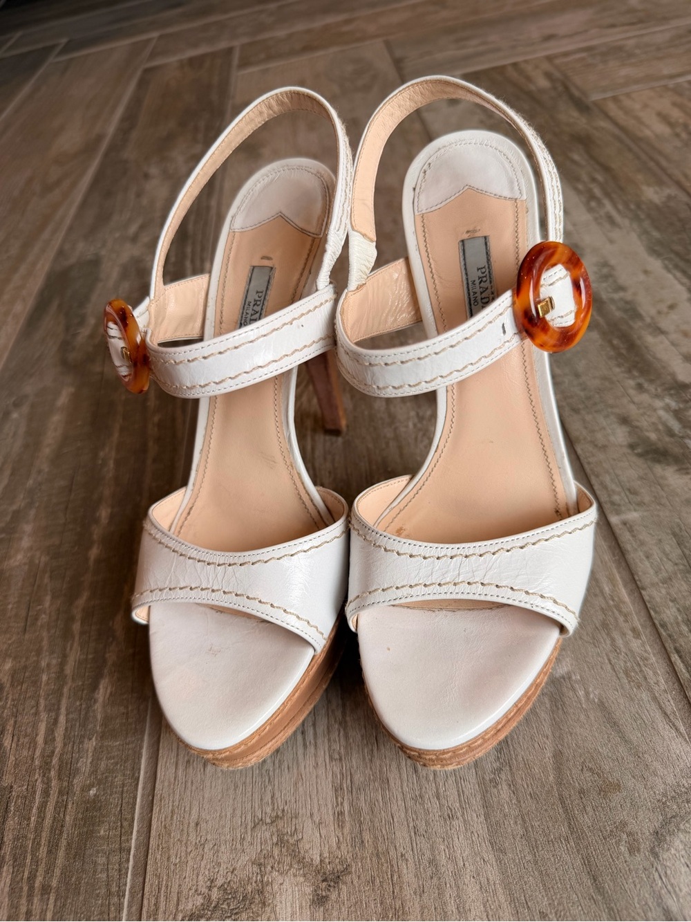 Prada White Leather Slingback Heels with Tortoiseshell Buckle